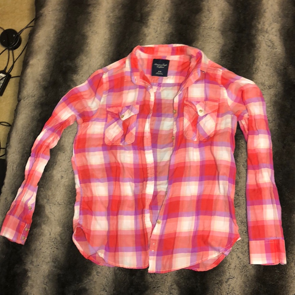American Eagle flannel. Purple, orange, and white.